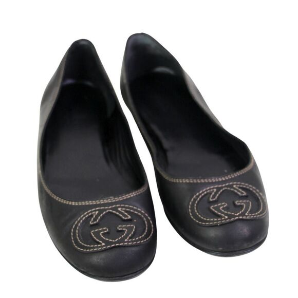 Gucci ITALY BLACK REAL LEATHER LOGO FLAT ROUND TOE BALLET SLIP ON SHOES Size 35G - Picture 1 of 12
